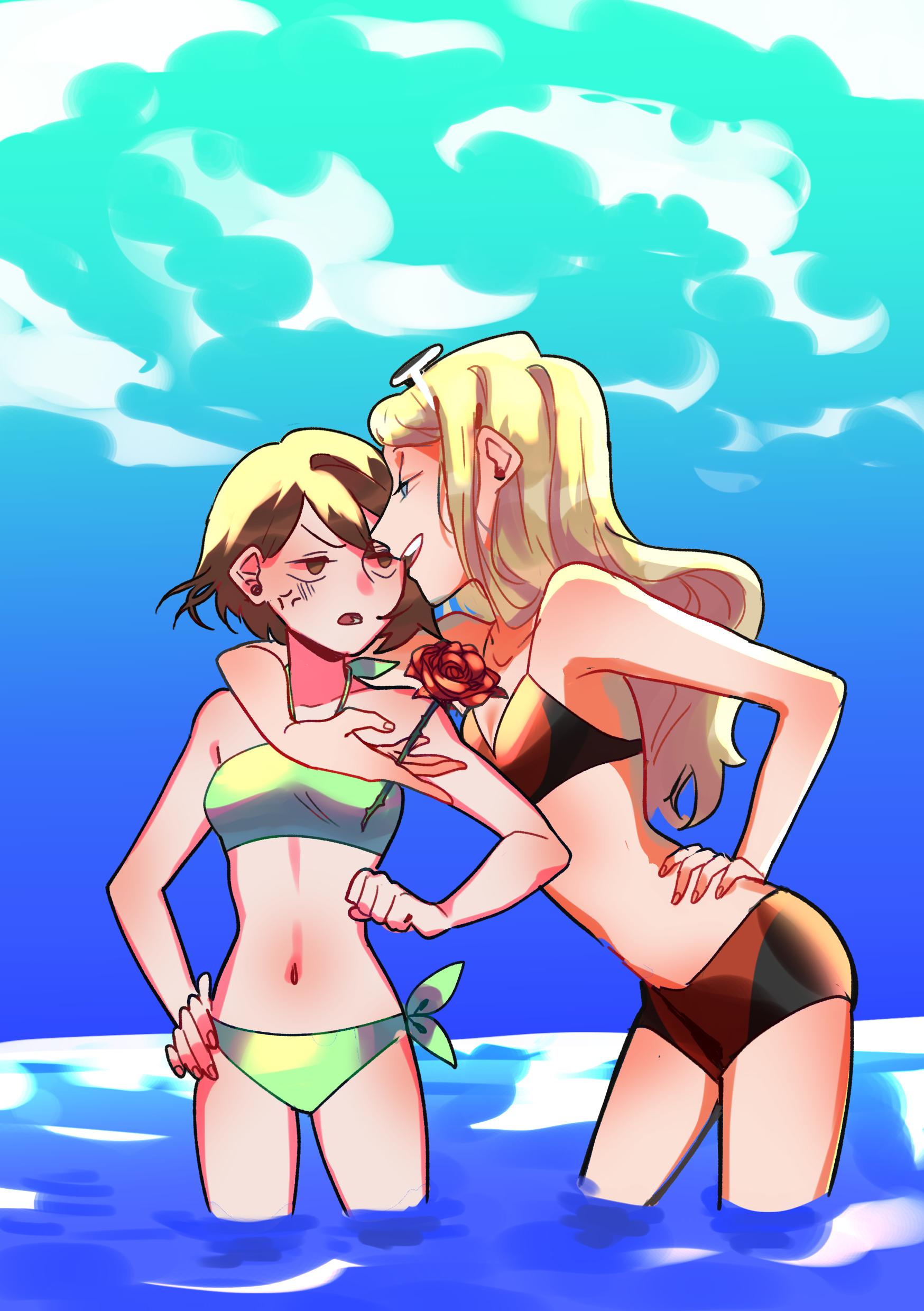 2girls absurdres arm_around_shoulder bikini blue_eyes blue_sky brown_hair creatures_(company) day eyewear_on_head female_protagonist_(pokemon_swsh) flower game_freak highres long_hair multiple_girls nintendo ocean olm_digital outdoors pokemon pokemon_(anime) pokemon_(game) pokemon_swsh pokemon_xy red_flower red_rose rose serena_(pokemon) sheery_sbox short_hair side-tie_bikini sky summer sunglasses swimsuit water