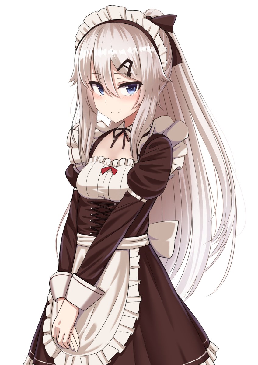 1girl 9a-91_(girls_frontline) alternate_costume apron bangs blue_eyes blush breasts dress eyebrows_visible_through_hair hair_between_eyes hair_ornament hairclip hands_together highres long_hair looking_at_viewer maid maid_headdress medium_breasts rabochicken silver_hair smile solo very_long_hair white_background