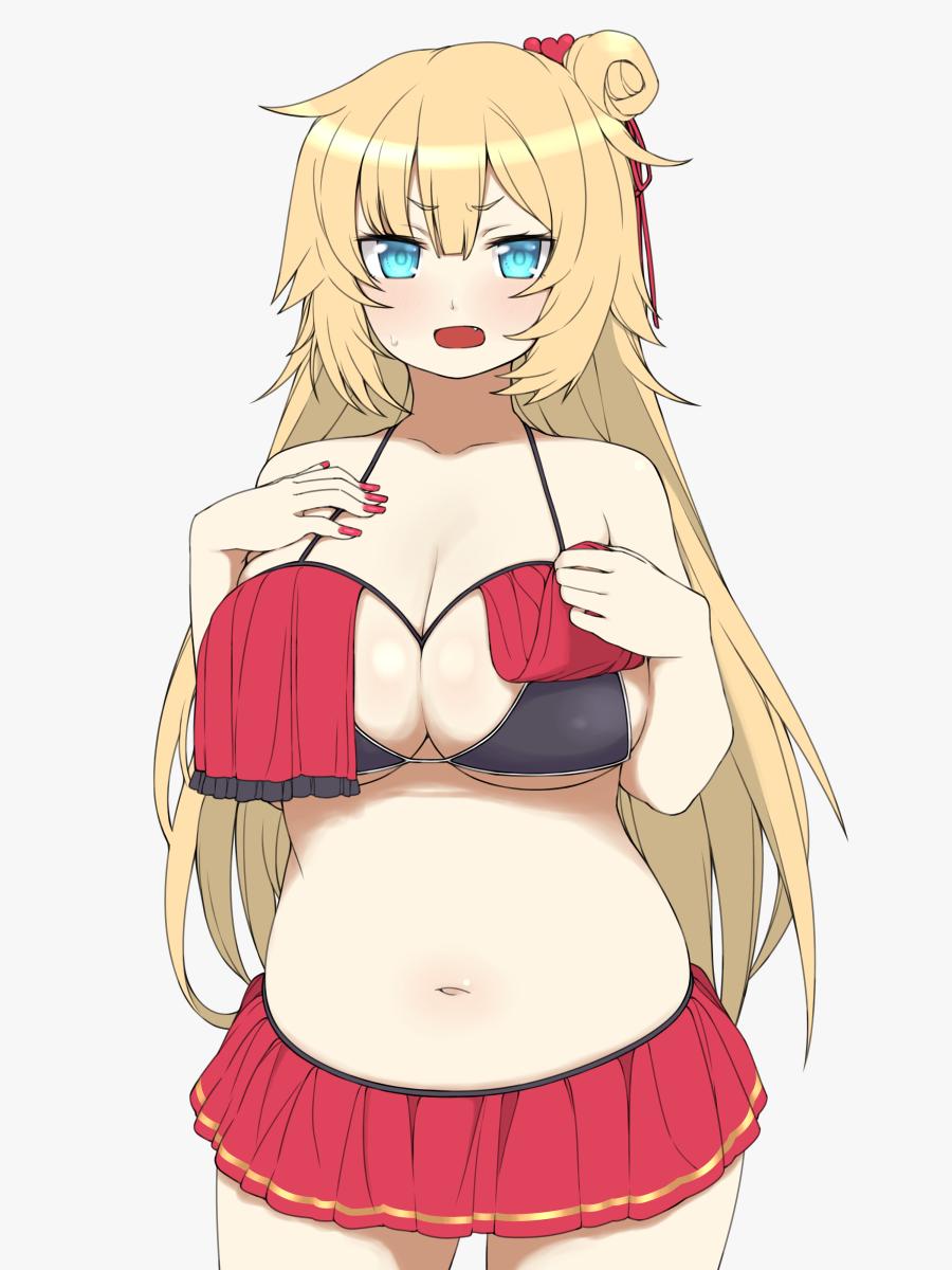 1girl akai_haato alternate_costume angry bare_shoulders belly bikini bikini_skirt blonde_hair blue_eyes breasts collarbone fang fingernails hair_bun heart highres hololive large_breasts lewis long_fingernails long_hair nail_polish navel official_alternate_costume open_mouth red_bikini red_bikini_bottom red_bikini_top skirt solo swimsuit swimsuit_skirt tied_hair virtual_youtuber white_background