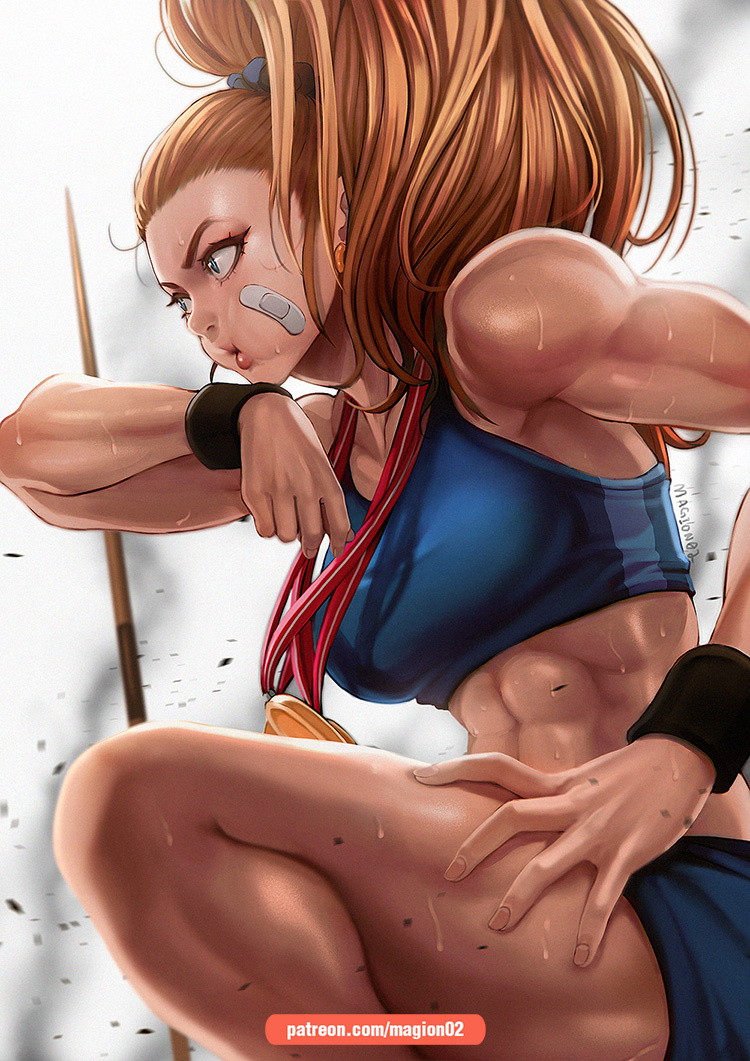 1girl abs bandage_on_face bandaid bare_shoulders blue_eyes blue_scrunchie blue_sports_bra breasts brown_hair captain_mizuki earrings from_side high_ponytail jewelry long_hair magion02 medal medium_breasts midriff muscle muscular_female one-punch_man ponytail scrunchie solo sports_bra sweat thighs toned wristband