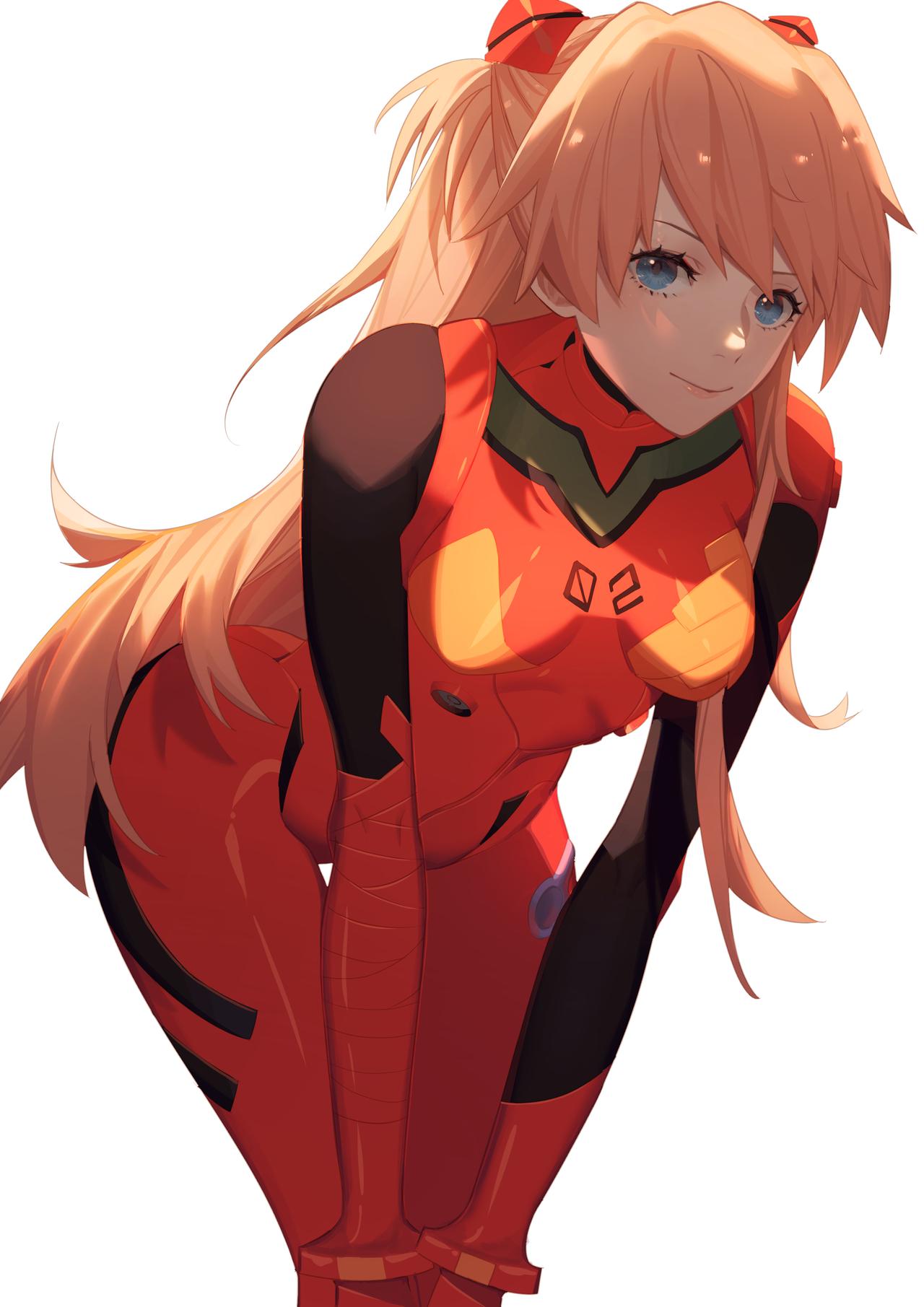 1girl blue_eyes bodysuit breasts hair_between_eyes highres leaning_forward light_brown_hair long_hair looking_at_viewer neon_genesis_evangelion plugsuit red_bodysuit simple_background small_breasts smile solo souryuu_asuka_langley very_long_hair white_background whither_laws