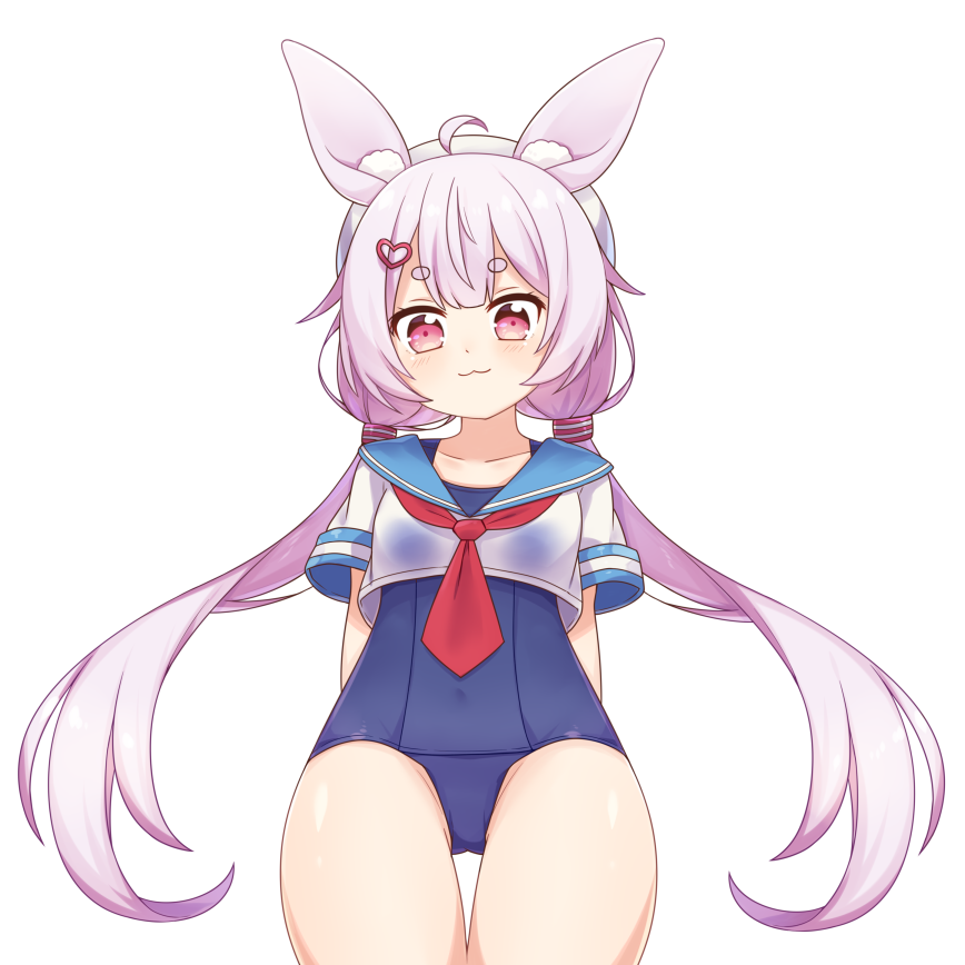 1girl :3 animal_ear_fluff animal_ears arms_behind_back crop_top dokumi hair_ornament hairclip hat long_hair low_twintails rabbit_ears school_swimsuit shirt simple_background solo swimsuit thigh_gap thighs tomari_mari tomari_mari_channel twintails virtual_youtuber white_background white_headwear white_shirt