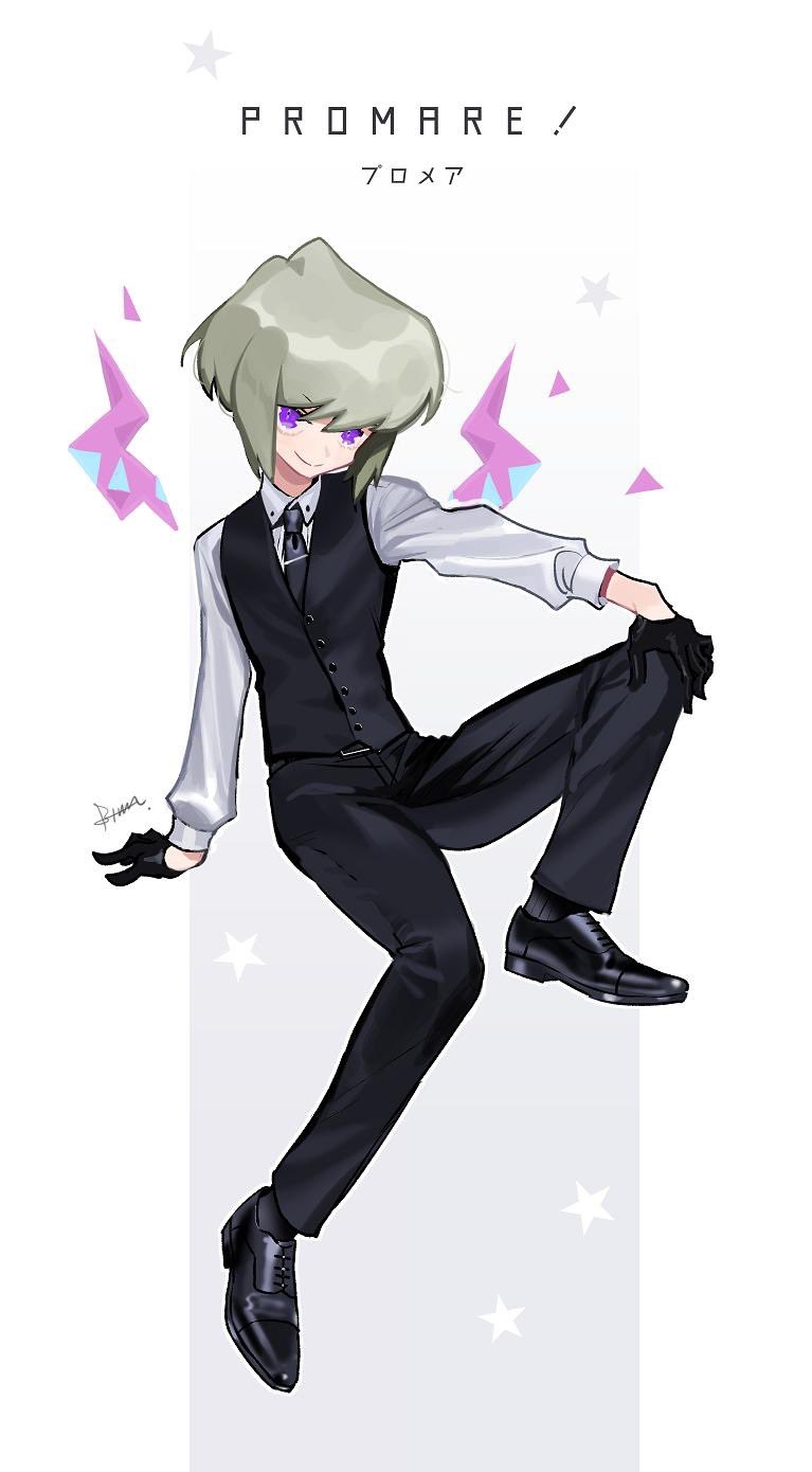 batsumura_aiko black_gloves blonde_hair collared_shirt copyright_name formal gloves half_gloves highres lio_fotia long_sleeves male_focus necktie pant_suit promare shirt signature smile suit violet_eyes