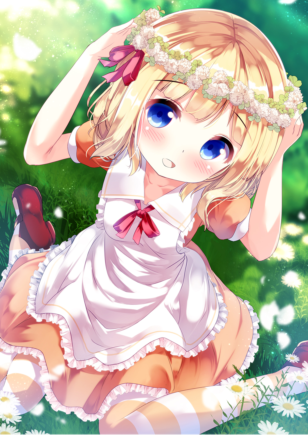 1girl :d apron arms_up bangs blonde_hair blue_eyes blush brown_dress chinomaron collarbone day dress dutch_angle eyebrows_visible_through_hair flower flower_wreath frilled_apron frilled_dress frills gochuumon_wa_usagi_desu_ka? grass head_wreath highres kirima_sharo mary_janes neck_ribbon on_grass open_mouth outdoors pantyhose puffy_short_sleeves puffy_sleeves red_footwear red_ribbon ribbon shoes short_sleeves sidelocks sitting smile solo striped striped_legwear wariza white_apron white_flower