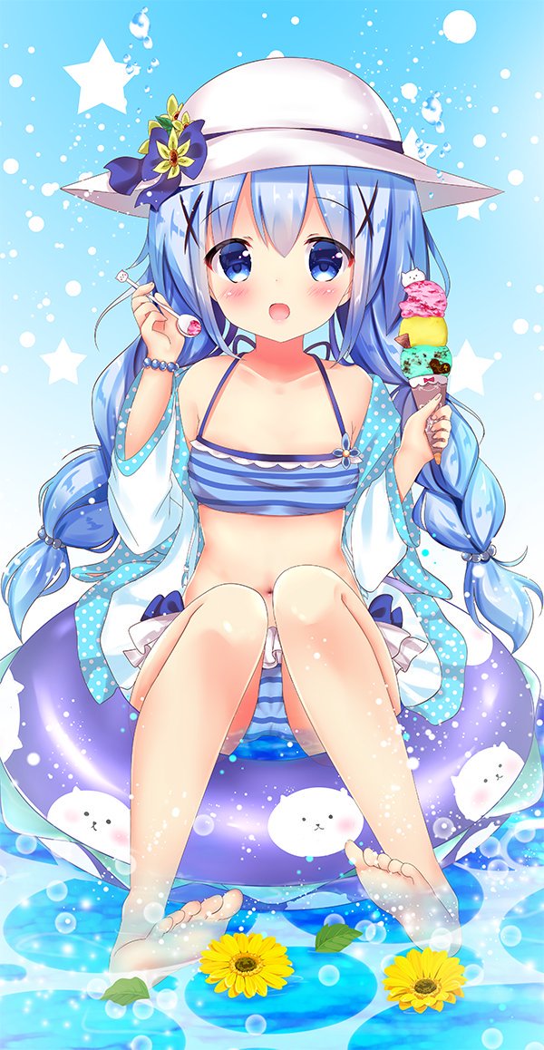 1girl bikini bikini_bottom bikini_skirt bikini_top blue_eyes blue_hair food gochuumon_wa_usagi_desu_ka? hair_ornament ice_cream kafuu_chino long_hair open_mouth rikatan smile solo swimsuit tippy_(gochiusa)