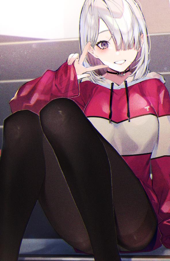 1girl :d ass bangs black_legwear breasts choker commentary_request convenient_leg drawstring feet_out_of_frame grin hair_over_one_eye hand_up hood hood_down hoodie kayahara knees_up long_sleeves looking_at_viewer open_mouth original pantyhose short_hair silver_hair sitting smile solo thighband_pantyhose v violet_eyes