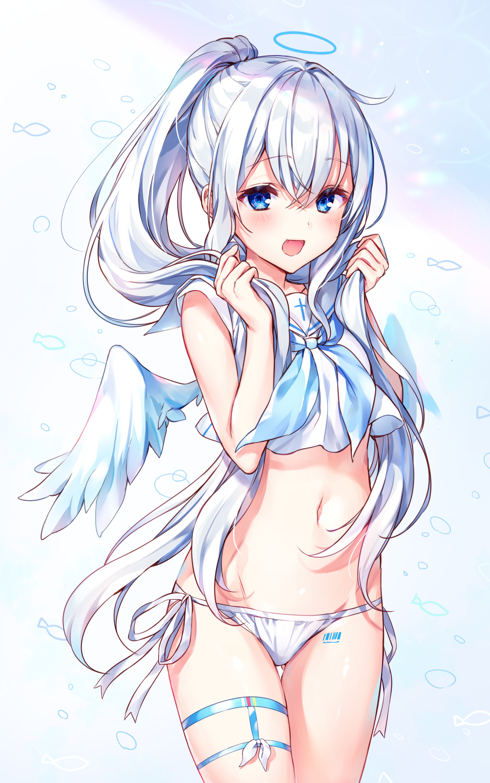 1girl :d angel_wings ass_visible_through_thighs barcode_tattoo bare_arms bare_shoulders bikini blue_eyes blue_neckwear commentary cowboy_shot crop_top crop_top_overhang fangs groin hair_between_eyes hair_over_shoulder halo hands_up highres komeshiro_kasu latin_cross long_hair looking_at_viewer mini_wings navel neckerchief no_pants open_mouth original ponytail sailor_collar shirt short_sleeves side-tie_bikini sidelocks smile solo standing stomach swimsuit tattoo thigh_gap thigh_strap very_long_hair white_bikini white_hair white_sailor_collar white_shirt wings