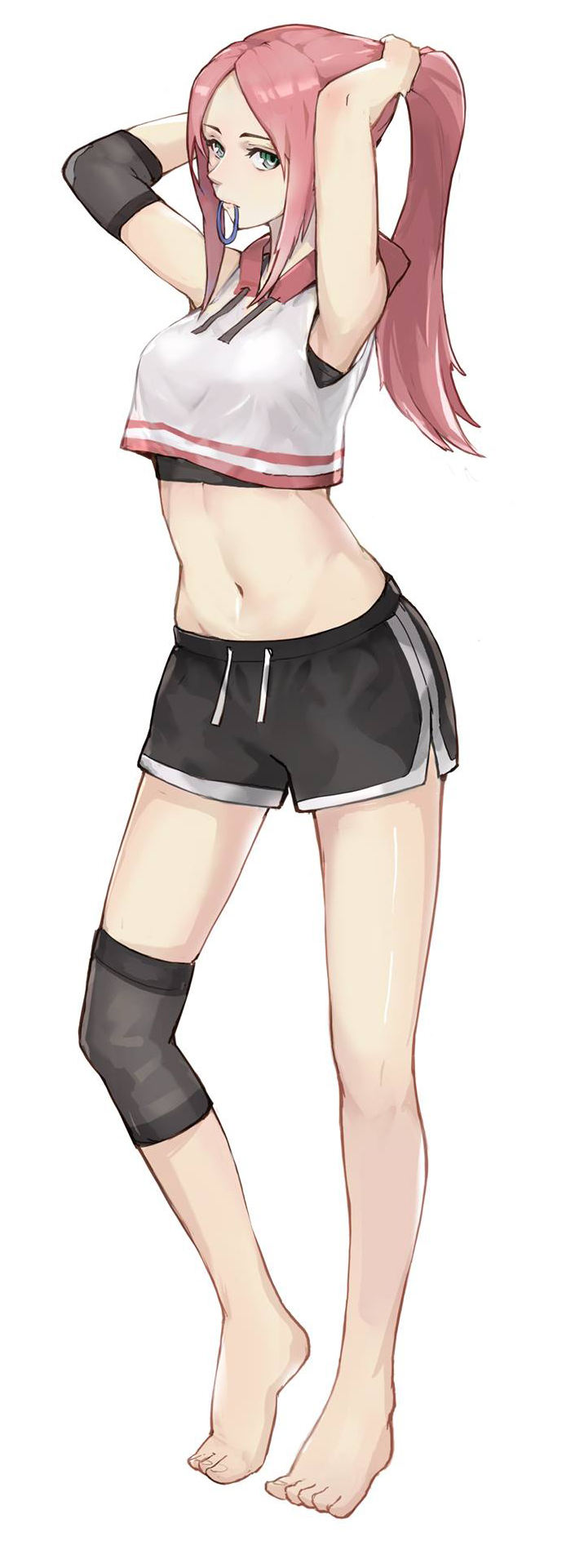 1girl armpits arms_up bare_arms bare_legs bare_shoulders barefoot black_shorts boyshorts breasts bunching_hair crop_top drawstring elbow_pads forehead full_body green_eyes hair_tie_in_mouth highres hood hood_down jiang1274 long_hair looking_at_viewer medium_breasts midriff mouth_hold navel original pink_hair shirt short_shorts shorts simple_background sleeveless sleeveless_shirt solo standing stomach thighs white_background white_shirt