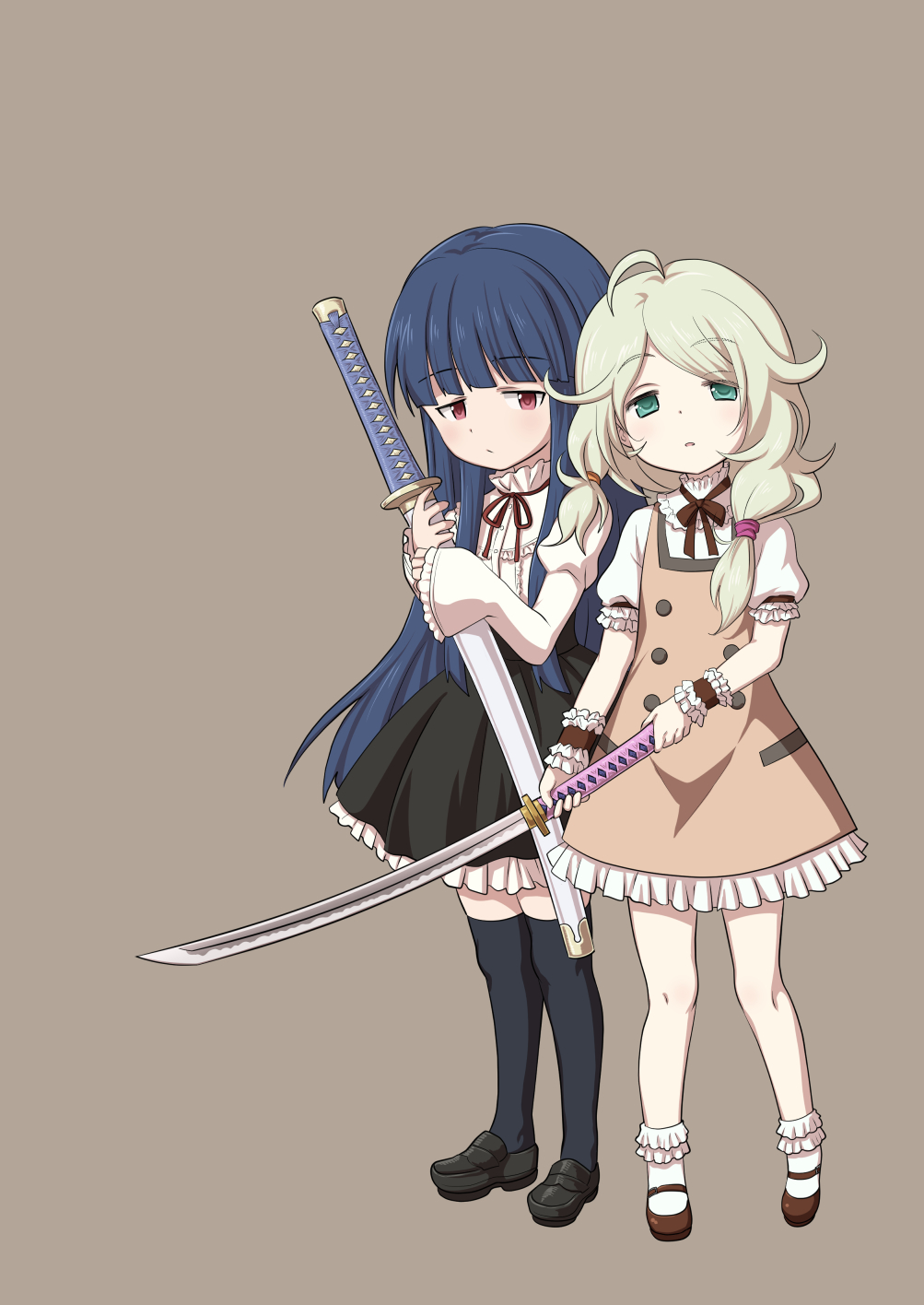 2girls ahoge arms_up bangs black_footwear black_legwear black_skirt blonde_hair blue_hair blunt_bangs bobby_socks brown_dress brown_footwear brown_ribbon chibi commentary_request dress expressionless eyebrows_visible_through_hair full_body green_eyes grey_background high_collar highres holding holding_sword holding_weapon idolmaster idolmaster_cinderella_girls issin. juliet_sleeves katana loafers long_hair long_sleeves looking_at_viewer low_twintails multiple_girls neck_ribbon over-kneehighs petticoat pinafore_dress puffy_short_sleeves puffy_sleeves red_eyes red_ribbon ribbon sajou_yukimi scabbard sheath sheathed shirt shoes short_hair short_sleeves side-by-side sidelocks simple_background skirt sleeves_past_wrists socks standing swept_bangs sword tareme thigh-highs twintails very_long_hair weapon white_legwear white_shirt wrist_cuffs yusa_kozue