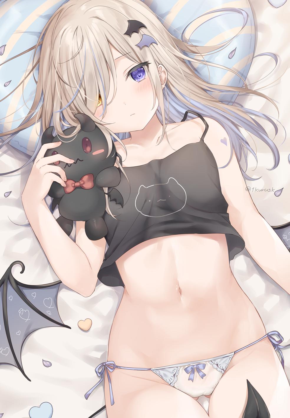 1girl ass_visible_through_thighs bare_arms bare_shoulders bed_sheet black_camisole blue_hair blush bow bow_panties brown_hair camisole closed_mouth commentary crop_top demon_girl demon_tail demon_wings detached_wings dutch_angle grey_wings groin hair_over_one_eye heterochromia highres long_hair lying mafuyu_(chibi21) multicolored_hair navel no_pants on_back original panties pillow side-tie_panties solo streaked_hair stuffed_animal stuffed_toy symbol_commentary tail thigh_gap twitter_username underwear violet_eyes white_panties wing_hair_ornament wings yellow_eyes