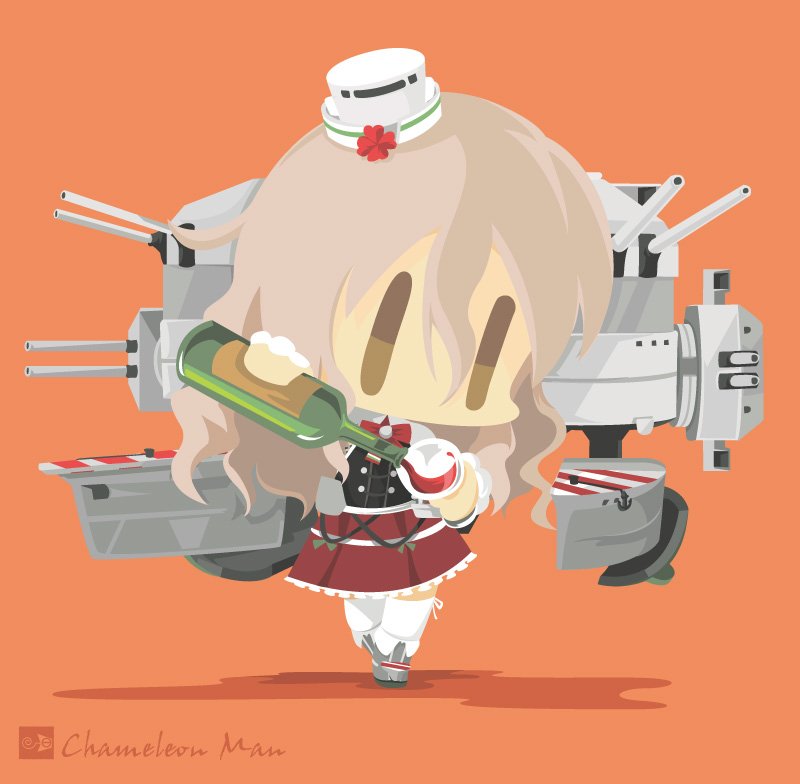 1girl alcohol boots bottle bow bowtie brown_eyes chameleon_man_(three) commentary_request corset cup drinking_glass flower grey_hair hat hat_flower kantai_collection machinery mini_hat miniskirt orange_background pola_(kantai_collection) rudder_footwear shirt signature skirt solo thigh-highs turret wavy_hair white_legwear white_shirt wine wine_bottle wine_glass