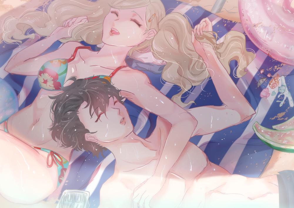 1boy 1girl amamiya_ren atlus beach bikini black_hair blonde_hair boxers closed_eyes couple cute female_swimwear innertube long_hair love male_swimwear megami_tensei navel persona persona_5 sand shell shin_megami_tensei short_hair sleeping summer swim_trunks swimsuit takamaki_anne towel twintails umbrella underwear watermelon wet