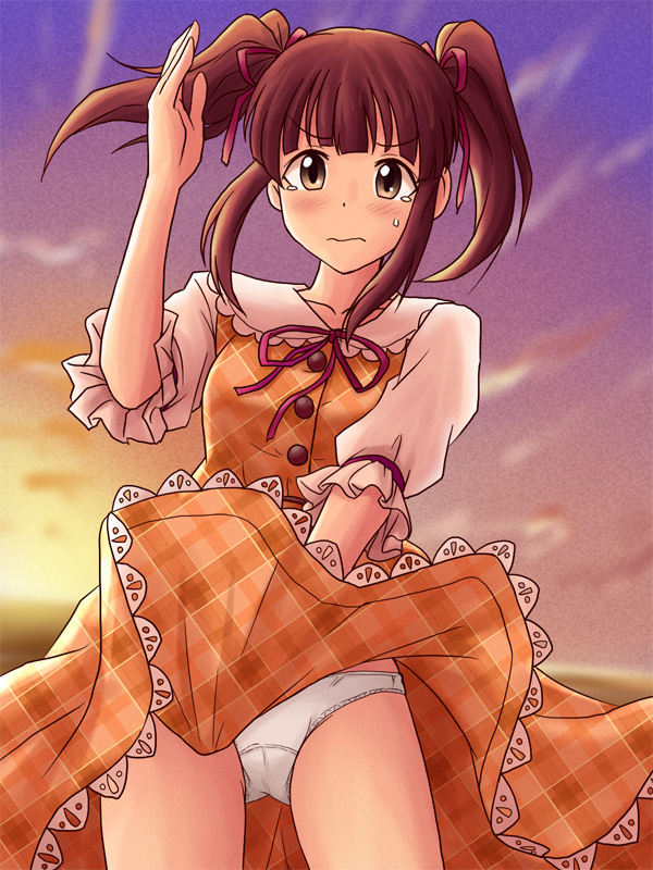 1girl bangs blush brown_eyes brown_hair closed_mouth collared_dress commentary cowboy_shot crotch_seam dress dress_tug eyebrows_visible_through_hair frilled_dress frills frown hair_ribbon idolmaster idolmaster_cinderella_girls lielos looking_at_viewer medium_hair neck_ribbon ogata_chieri orange_dress outdoors panties pantyshot pantyshot_(standing) plaid plaid_dress puffy_short_sleeves puffy_sleeves red_neckwear red_ribbon ribbon short_sleeves solo standing sunset sweatdrop tearing_up twintails underwear white_panties