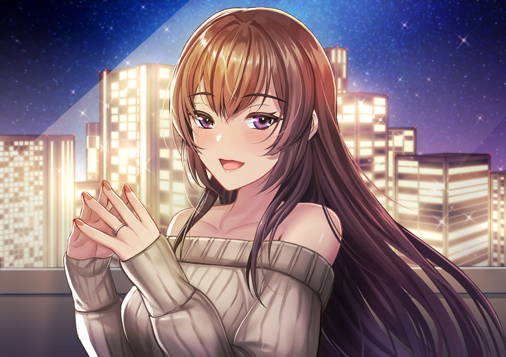 1girl balcony bangs blush brown_hair building cityscape commentary_request eyebrows_visible_through_hair fingernails jewelry juukei_sou light_beam long_hair looking_at_viewer nail_polish night night_sky off-shoulder_sweater off_shoulder open_mouth original outdoors pink_nails ribbed_sweater ring sky skyscraper sleeves_past_wrists solo standing star_(sky) starry_sky steepled_fingers sweater thick_eyebrows very_long_hair violet_eyes wedding_band