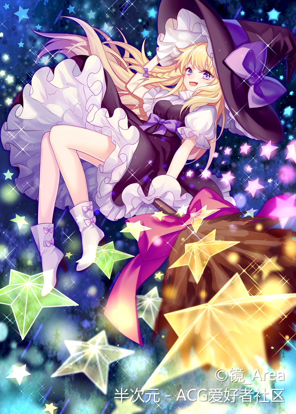 1girl :d artist_name bangs black_dress black_headwear blonde_hair bow braid breasts broom chinese commentary dress fang full_body hair_bow hand_on_headwear hand_up hat hat_bow highres kirisame_marisa long_hair looking_at_viewer mirror_(xilu4) no_shoes open_mouth petticoat pink_bow puffy_short_sleeves puffy_sleeves purple_bow shirt short_sleeves single_braid sitting small_breasts smile socks solo sparkle star touhou translation_request very_long_hair violet_eyes white_legwear white_shirt witch_hat