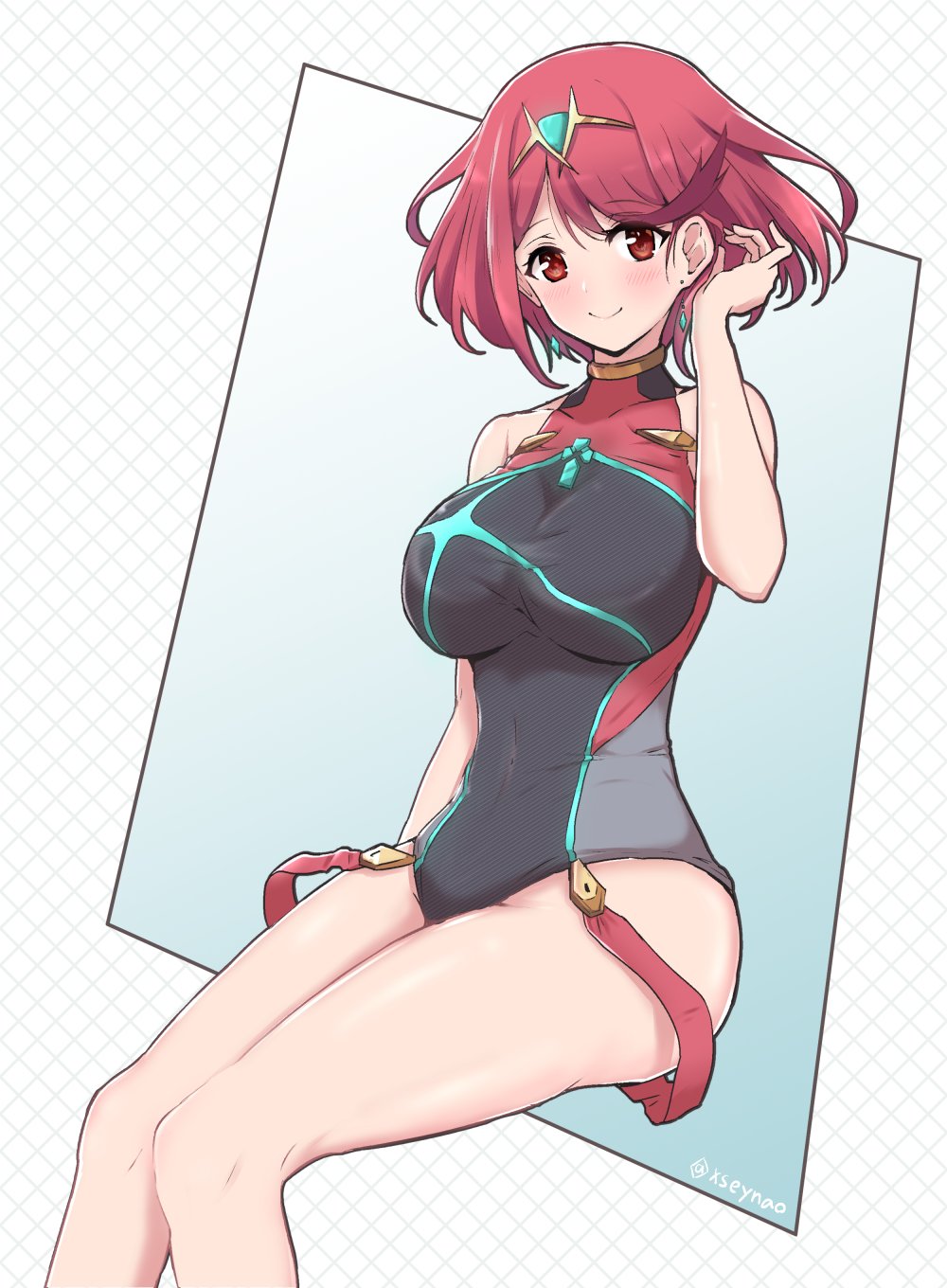 1girl bangs blue_eyes blush breasts competition_swimsuit earrings gem highres pyra_(xenoblade) jewelry large_breasts looking_at_viewer mochimochi_(xseynao) one-piece_swimsuit red_eyes red_shorts red_swimsuit redhead short_hair shorts solo swimsuit tiara xenoblade_(series) xenoblade_2