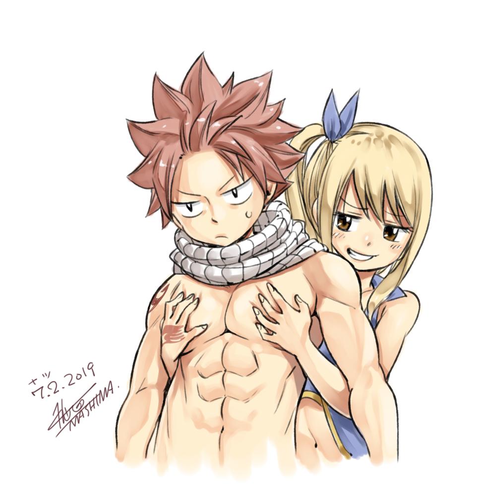 1boy 1girl abs artist_name black_eyes blonde_hair blue_ribbon brown_eyes check_commentary commentary_request crop_top cropped_torso dated fairy_tail grin groping hair_ribbon hetero lucy_heartfilia mashima_hiro natsu_dragneel navel pectoral_grab pink_hair ribbon scarf shirtless simple_background smile smug spiky_hair sweatdrop tattoo vest white_background white_scarf