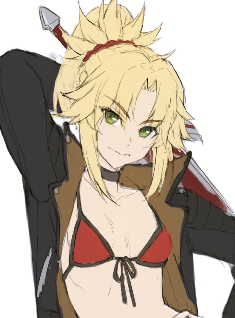 1girl bangs bikini black_jacket blonde_hair braid breasts collarbone commentary_request eyebrows_visible_through_hair fate/grand_order fate_(series) green_eyes hair_ornament hair_scrunchie highres holding holding_sword holding_weapon jacket long_hair looking_at_viewer mordred_(fate)_(all) mordred_(swimsuit_rider)_(fate) parted_bangs ponytail red_bikini red_scrunchie scrunchie simple_background solo swimsuit sword tonee weapon white_background