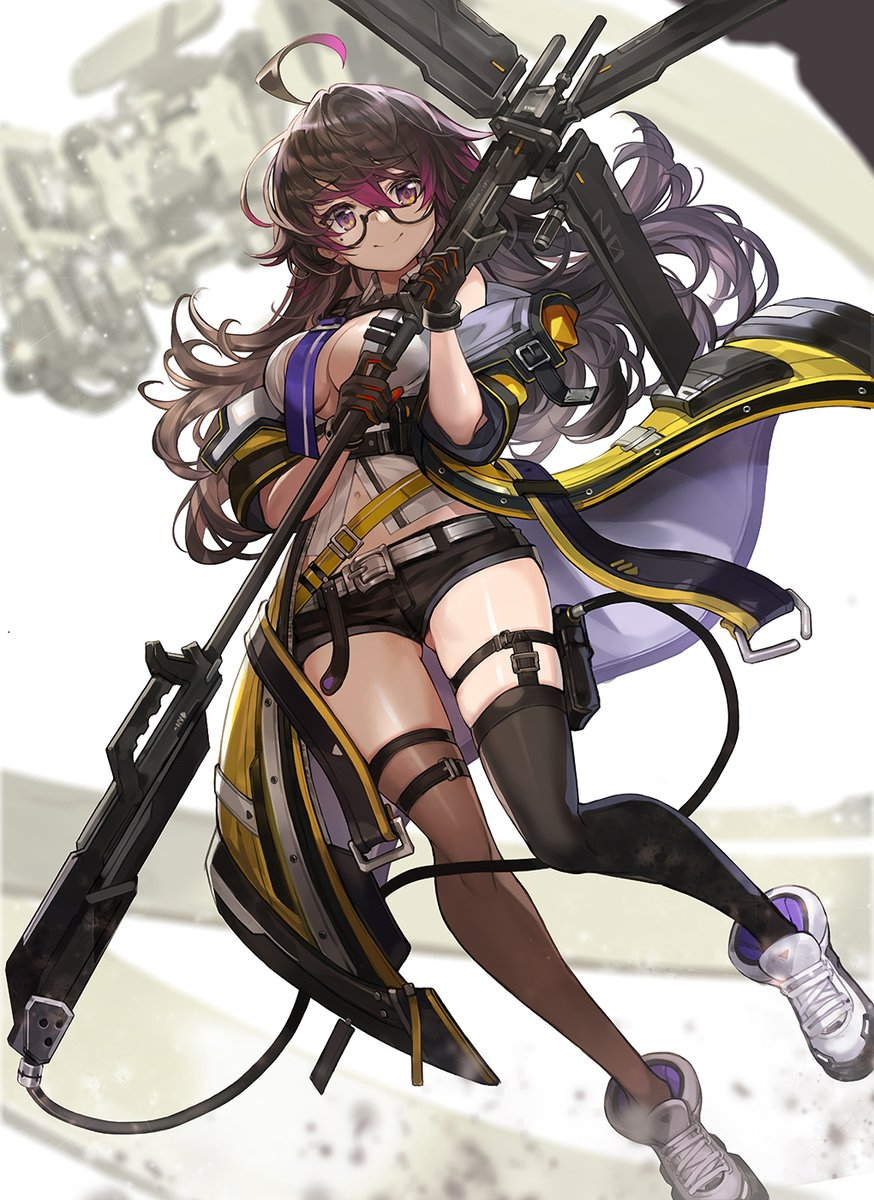 ahoge ass_visible_through_thighs bangs belt black-framed_eyewear black_gloves black_legwear black_shorts blue_neckwear boots breasts brown_eyes brown_hair brown_legwear buckle cable coat floating_hair glasses gloves goomrrat gradient_hair highres holding holding_pole large_breasts long_hair messy_hair mismatched_legwear mole mole_under_eye multicolored_hair multiple_straps navel necktie off_shoulder open_clothes open_coat original purple_hair radar semi-rimless_eyewear shirt short_shorts shorts sidelocks sleeveless sleeveless_shirt thigh-highs thigh_strap trench_coat under-rim_eyewear very_long_hair white_footwear