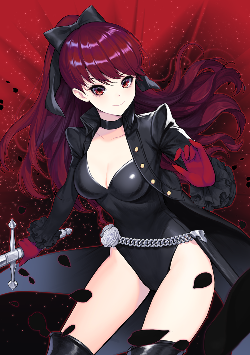 1girl atlus black_jacket black_legwear black_leotard bow breasts collarbone commentary_request gloves hair_bow highres jacket kyundoo leotard long_hair long_sleeves looking_at_viewer megami_tensei persona persona_5 persona_5_the_royal ponytail red_eyes red_gloves redhead ribbon rose smile solo sword weapon white_rose yoshizawa_kasumi