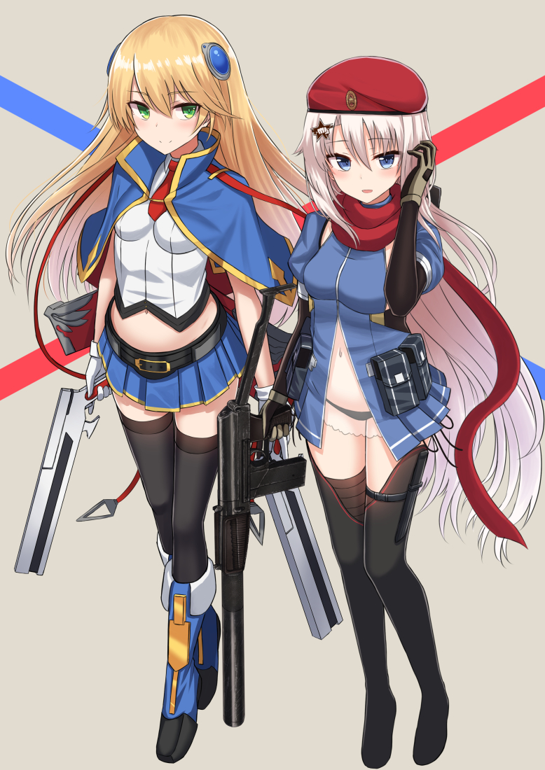 2girls 9a-91 9a-91_(girls_frontline) assault_rifle belt belt_pouch beret black_footwear black_legwear black_panties blazblue blonde_hair blue_capelet blue_dress blue_eyes blue_footwear blue_skirt bolverk boots breasts brown_gloves capelet closed_mouth collared_shirt crop_top crossover dress dual_wielding full_body girls_frontline gloves green_eyes gun hair_between_eyes hair_ornament hand_up handgun hat holding holding_gun holding_weapon knee_boots long_hair looking_at_viewer medium_breasts midriff miniskirt multiple_girls navel necktie noel_vermillion object_namesake panties parted_lips pleated_skirt pouch rabochicken red_headwear red_neckwear red_ribbon red_scarf ribbon rifle scarf see-through shirt short_necktie short_sleeves side-tie_panties sidelocks skirt smile standing star star_hair_ornament stomach thigh-highs thigh_boots trigger_discipline underwear very_long_hair weapon white_gloves white_hair white_shirt zettai_ryouiki