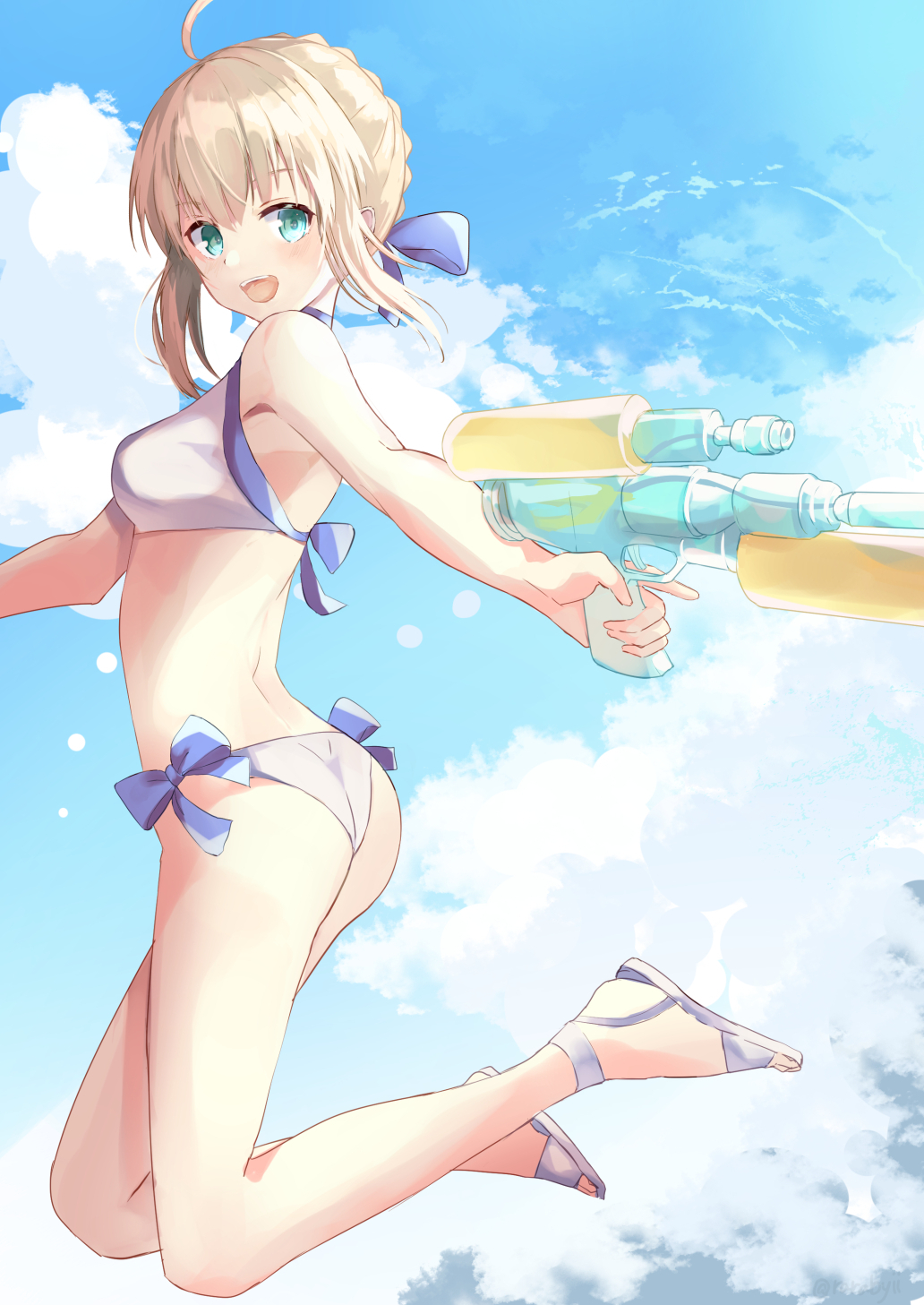 1girl ahoge artoria_pendragon_(all) artoria_pendragon_(swimsuit_archer) ass bangs bikini blonde_hair blue_bow blush bow braid breasts commentary_request day eyebrows_visible_through_hair fate/grand_order fate_(series) from_side green_eyes hair_between_eyes hair_bow highres holding looking_at_viewer medium_breasts out_of_frame rarabyii sky smile solo swimsuit water_gun white_bikini