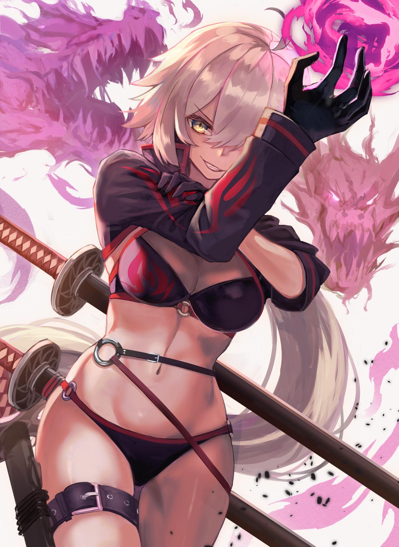 ahoge bikini black_bikini black_gloves black_jacket cropped_jacket fate/grand_order fate_(series) gloves highres hopepe jacket jeanne_d'arc_(alter_swimsuit_berserker) jeanne_d'arc_(fate)_(all) katana o-ring o-ring_bikini o-ring_bottom o-ring_top sheath sheathed shrug_(clothing) swimsuit sword thigh_strap weapon