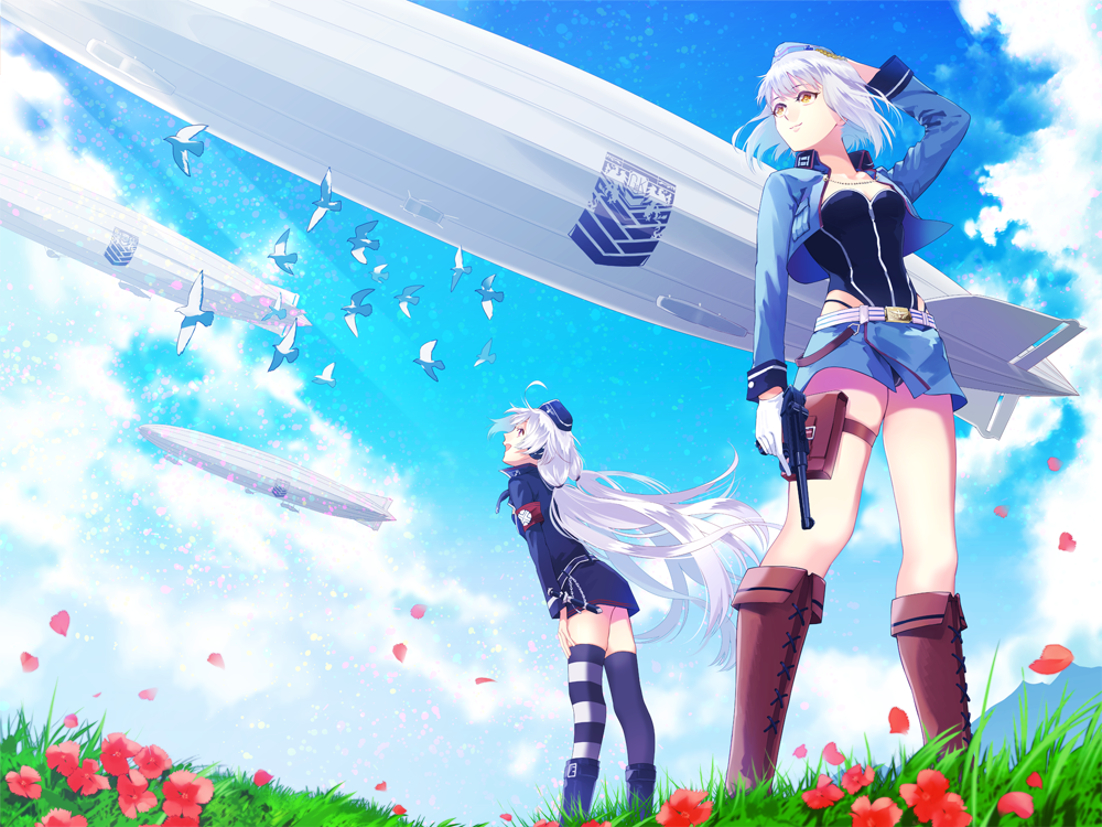 2girls aircraft armband belt bird blue_headwear blue_jacket blue_skirt blue_sky boots brown_footwear c96_(girls_frontline) clouds collared_jacket commentary_request cropped_jacket dirigible emblem flock flower flower_request from_below garrison_cap girls_frontline gloves grifon&amp;kryuger gun hand_to_hat handgun hands_on_thighs hat highleg highleg_leotard highleg_panties holding holding_gun holding_weapon ishimaru_f jacket knee_boots lavender_hair leotard light_rays long_hair looking_ahead looking_up luger_p08 medium_hair mismatched_legwear mountain multiple_girls open_clothes open_jacket p08_(girls_frontline) panties petals red_flower skirt sky striped striped_legwear sunbeam sunlight thigh-highs thigh_pouch thigh_strap trigger_discipline twintails underwear very_long_hair weapon white_gloves white_hair wind yellow_eyes