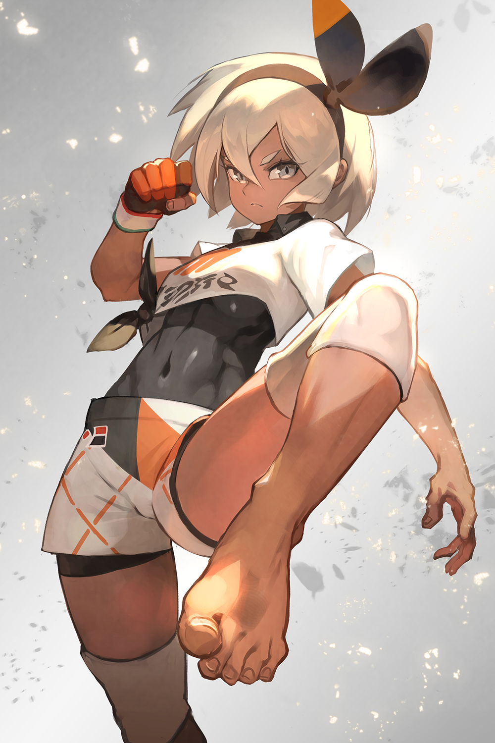 1girl barefoot breasts covered_navel feet gloves grey_eyes hairband highres lack leg_up pokemon pokemon_(game) pokemon_swsh saitou_(pokemon) short_hair short_sleeves shorts single_glove solo sportswear toenails white_hair