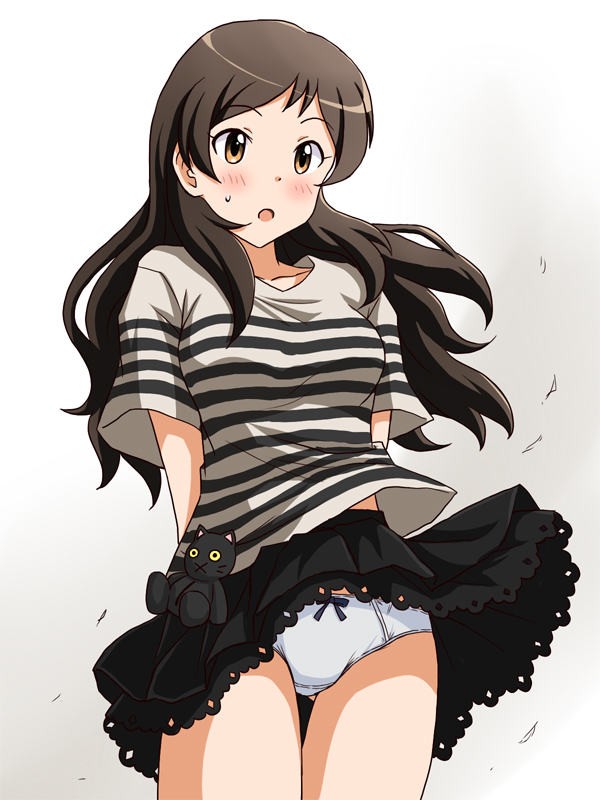 1girl :o arms_behind_back ass_visible_through_thighs black_skirt blush bow bow_panties brown_eyes brown_hair commentary_request crotch_seam eyebrows_visible_through_hair grey_panties grey_shirt idolmaster idolmaster_million_live! kitazawa_shiho lielos long_sleeves looking_at_viewer miniskirt open_mouth panties pantyshot pantyshot_(standing) partial_commentary petticoat pleated_skirt shirt short_sleeves skirt skirt_lift solo standing striped striped_shirt stuffed_animal stuffed_cat stuffed_toy sweatdrop t-shirt thigh_gap underwear wind wind_lift
