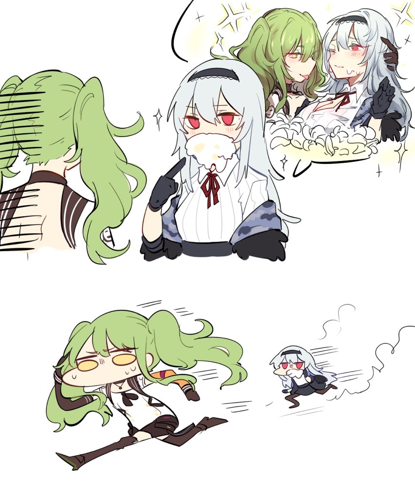 2girls closed_mouth girls_frontline green_hair headband long_hair m950a_(girls_frontline) multiple_girls off_shoulder one_eye_closed red_eyes running silver_hair simple_background thunder_(girls_frontline) tongue tongue_out twintails white_background yellow_eyes zocehuy