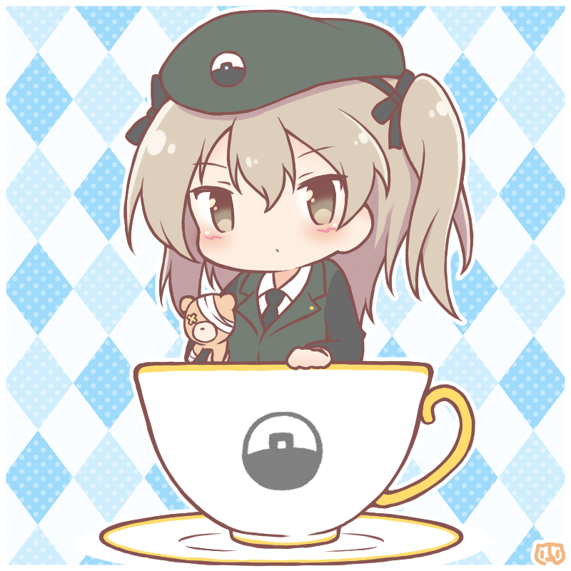 1girl bandages bangs beret blush boko_(girls_und_panzer) brown_eyes brown_hair chibi cup emblem eyebrows_visible_through_hair girls_und_panzer hat holding_toy long_hair long_sleeves mitarashi_neko_(aamr7853) ribbon selection_university_(emblem) selection_university_military_uniform shimada_arisu side_ponytail solo stuffed_animal stuffed_toy teacup teddy_bear