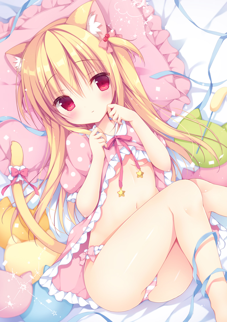 1girl :3 animal_ears bare_legs blonde_hair bow breasts cat_ears cat_pillow cat_tail commentary_request dress dress_lift frilled_dress frilled_sleeves frills hair_bow izuminanase long_hair lying no_bra on_back original panties pillow puffy_short_sleeves puffy_sleeves red_eyes short_sleeves small_breasts striped striped_panties tail tail_bow underwear