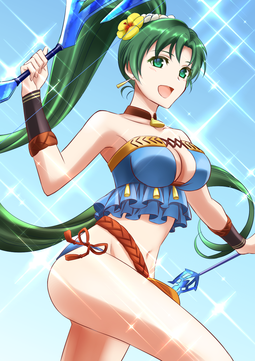 1girl arrow blue_swimsuit bow_(weapon) choker earrings fire_emblem fire_emblem:_the_blazing_blade fire_emblem_heroes flower green_eyes green_hair hair_flower hair_ornament highres holding holding_arrow holding_bow_(weapon) holding_weapon jewelry kakiko210 long_hair lyn_(fire_emblem) navel open_mouth ponytail solo swimsuit weapon