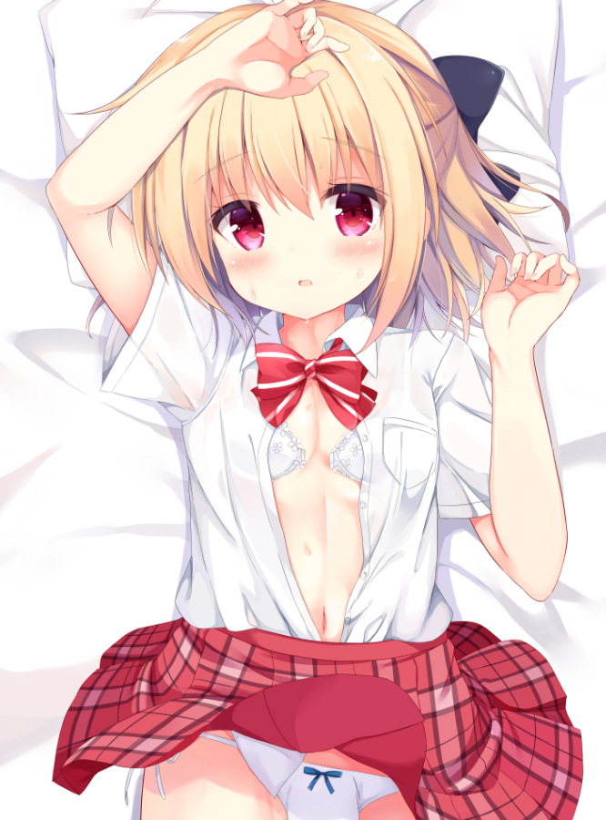 1girl arm_up bangs bed_sheet black_bow blonde_hair blush bow bow_panties bra breasts collared_shirt commentary_request dress_shirt eyebrows_visible_through_hair fingernails hair_between_eyes hair_bow kujou_danbo looking_at_viewer lying navel on_back open_clothes open_shirt original panties parted_lips pillow plaid plaid_skirt pleated_skirt red_bow red_eyes red_skirt school_uniform shirt short_sleeves side-tie_panties skirt skirt_lift small_breasts solo striped striped_bow underwear white_bra white_panties white_shirt