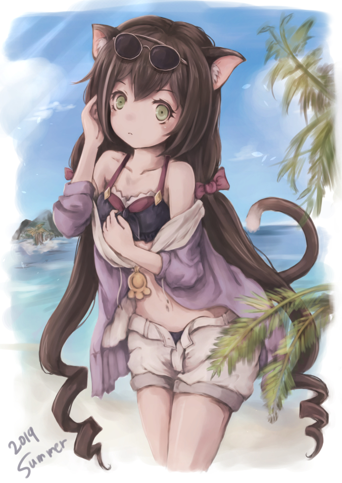 1girl 2019 :o animal_ear_fluff animal_ears arms_up bare_shoulders beach black_bikini_top blue_sky blush brown_hair cat_ears cat_tail clouds collarbone cropped_legs day eyewear_on_head green_eyes hand_in_hair hand_on_own_chest head_tilt jacket kyaru_(princess_connect) long_hair looking_at_viewer low_twintails ocean off-shoulder_jacket open_clothes open_shorts outdoors palm_tree princess_connect! princess_connect!_re:dive purple_jacket rylsnow shorts sky solo summer sunglasses tail tree twintails very_long_hair white_shorts