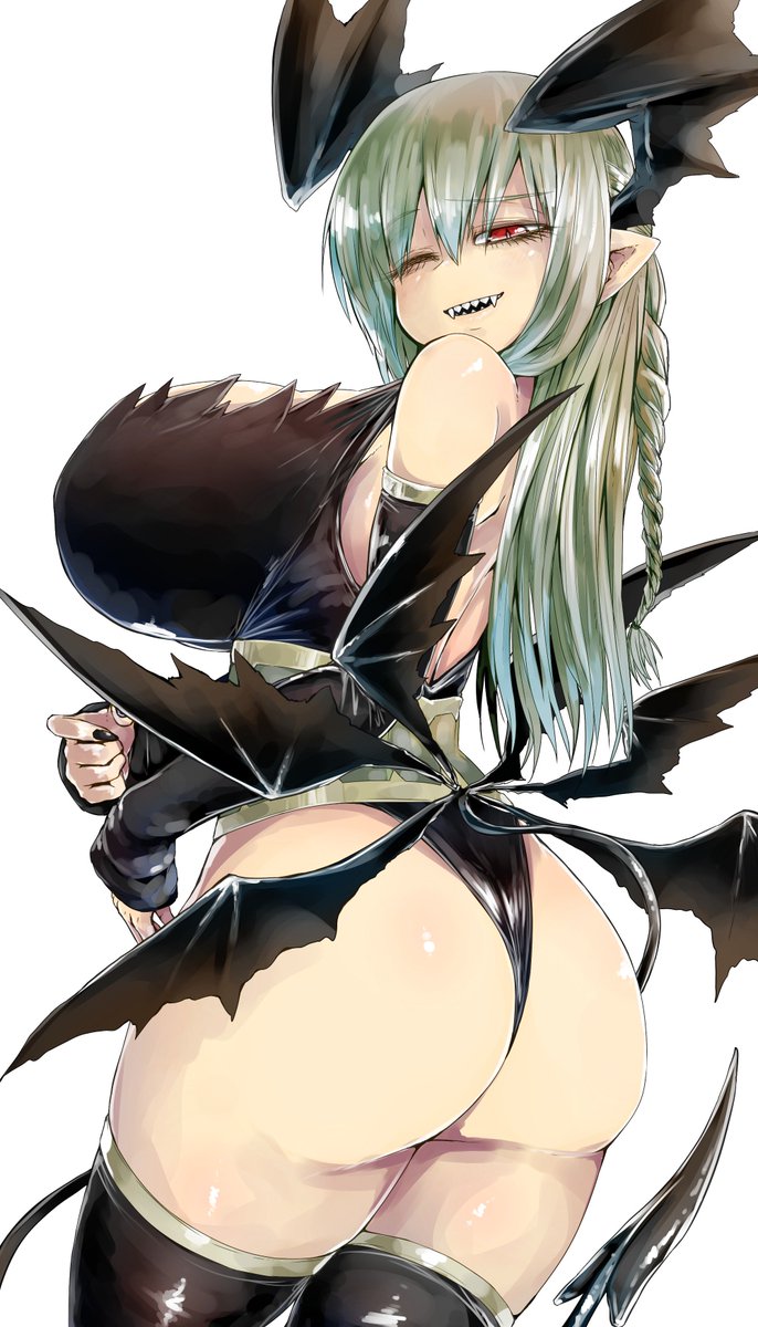 ass breasts demon_girl demon_tail demon_wings fangs fingernails gloria-san_no_oishii_junketsu_wo_mamoru_hibi gloria_(gloria-san_no_oishii_junketsu_wo_mamoru_hibi) highres huge_breasts juugoya_(zyugoya) one_eye_closed red_eyes tail thick_thighs thighs wings