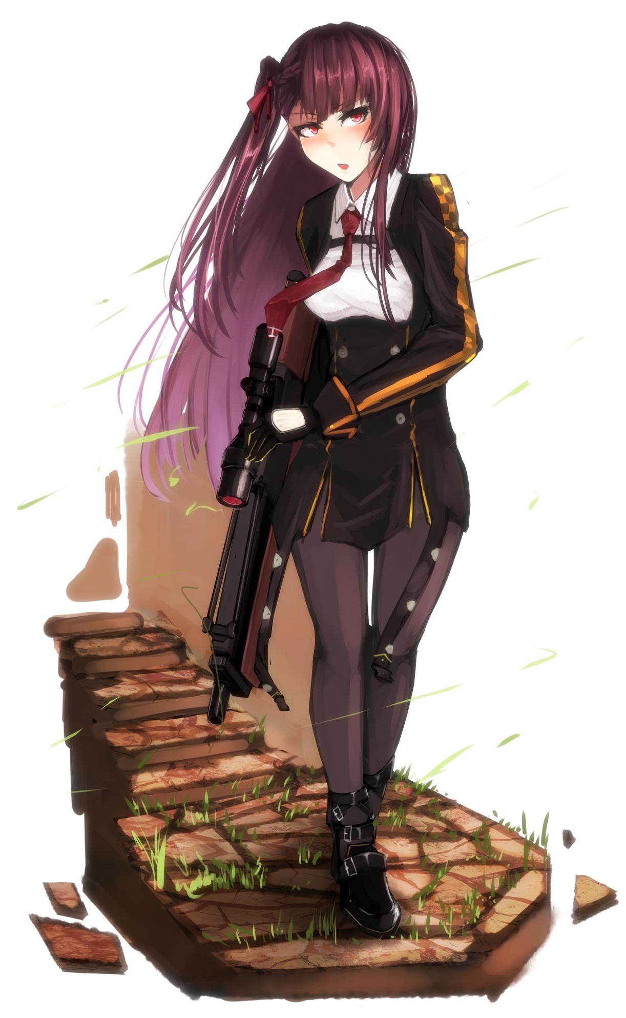 1girl ankle_strap bangs bipod black_footwear black_legwear black_skirt blazer blush breasts bullpup collared_shirt eyebrows_visible_through_hair floating_hair framed_breasts full_body girls_frontline gloves gun hair_ribbon half_updo high-waist_skirt highres holding holding_gun holding_weapon jacket katagiri_ags large_breasts long_hair looking_at_viewer necktie one_side_up open_mouth pantyhose purple_hair red_eyes red_neckwear red_ribbon ribbon rifle shirt shoes skirt sniper_rifle solo very_long_hair wa2000_(girls_frontline) walther walther_wa_2000 weapon white_shirt wind