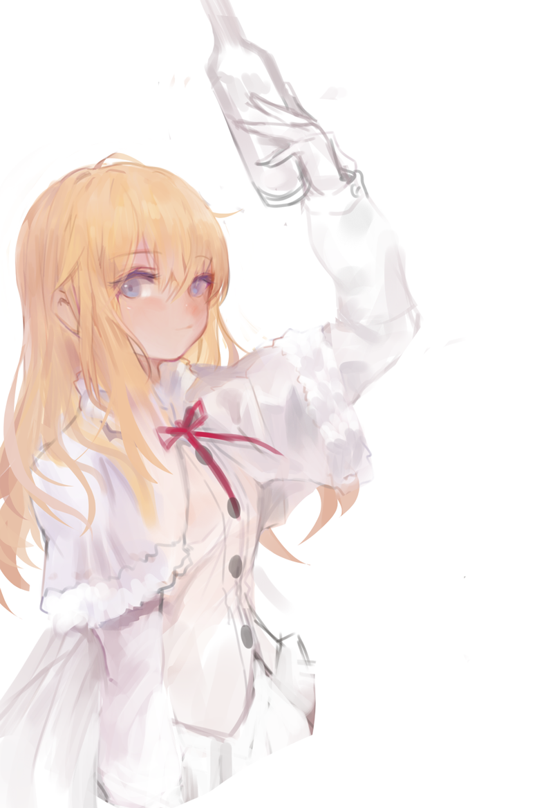 1girl arm_up bangs blonde_hair blue_eyes bottle capelet carcano_m1891_(girls_frontline) closed_mouth commentary_request dokomon dress eyebrows_visible_through_hair fur-trimmed_capelet fur_trim girls_frontline gloves hair_between_eyes holding holding_bottle korean_commentary long_hair long_sleeves neck_ribbon red_ribbon ribbon simple_background solo white_background white_capelet white_dress white_gloves