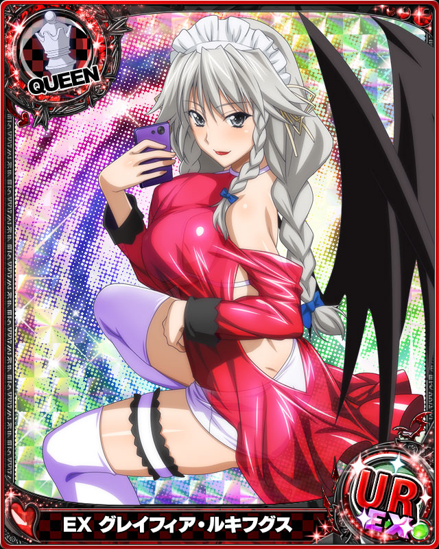 1girl braid breasts card_(medium) cellphone character_name chess_piece closed_mouth demon_wings grayfia_lucifuge grey_eyes grey_hair high_school_dxd large_breasts lipstick long_hair looking_at_viewer maid_headdress makeup official_art phone queen_(chess) red_lipstick see-through smartphone smile solo thigh-highs trading_card twin_braids white_legwear wings