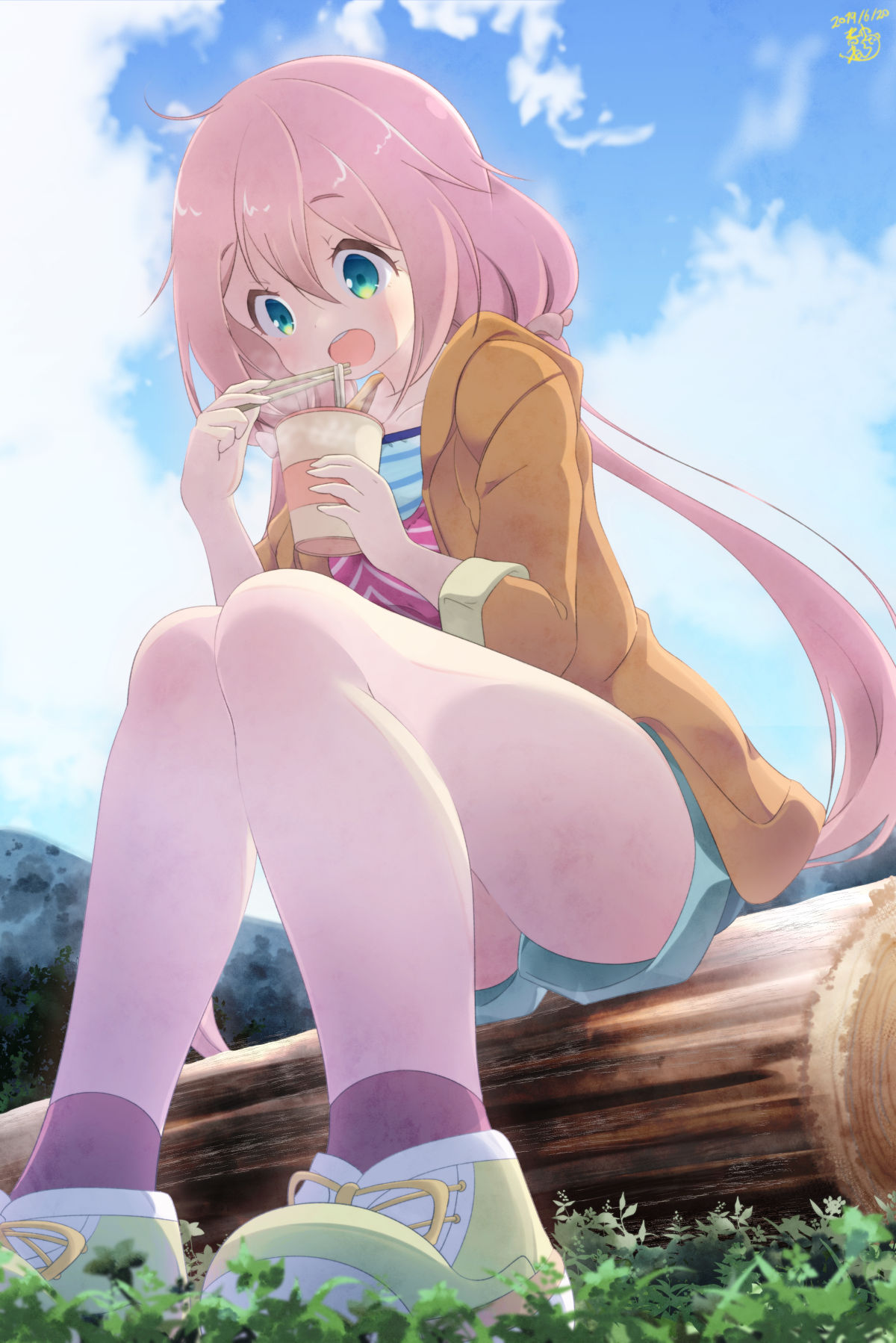 1girl aosora_neko blue_eyes blue_sky chopsticks clouds cup_noodle day eating food foreshortening from_below grass highres jacket kagamihara_nadeshiko log long_hair low_twintails noodles open_mouth outdoors pink_hair ramen shirt shoes shorts sitting sky sneakers socks solo striped striped_shirt twintails very_long_hair yurucamp