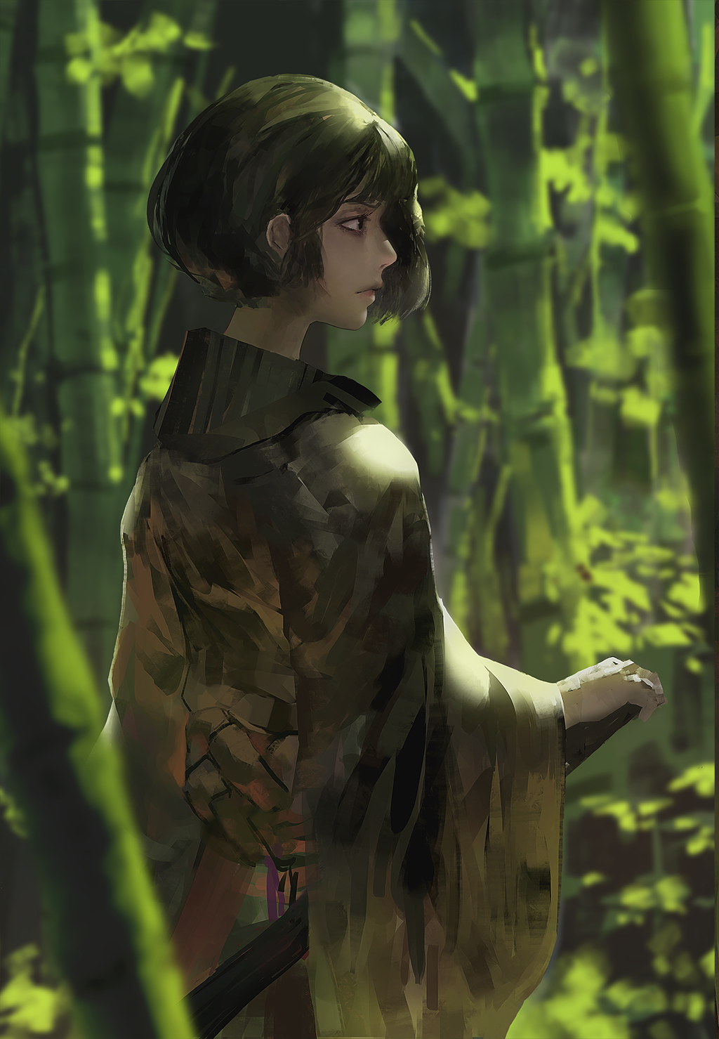 1girl bamboo bamboo_forest black_eyes black_hair blurry blurry_background bob_cut day forest highres japanese_clothes katana kimono looking_to_the_side nature original outdoors rsef sheath sheathed short_hair standing sword weapon wide_sleeves