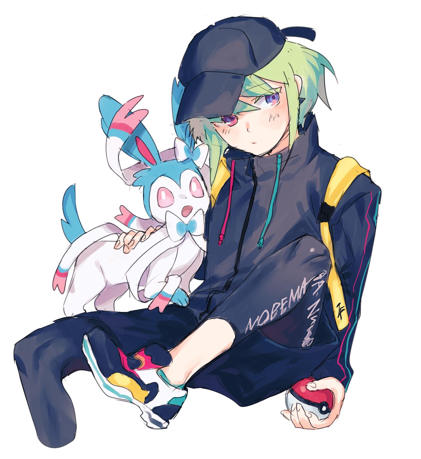 1boy alternate_color blonde_hair blush earrings green_hair hat highres jacket jewelry lio_fotia looking_at_viewer male_focus moegi0926 otoko_no_ko poke_ball poke_ball_(generic) pokemon pokemon_(creature) promare simple_background solo sylveon violet_eyes