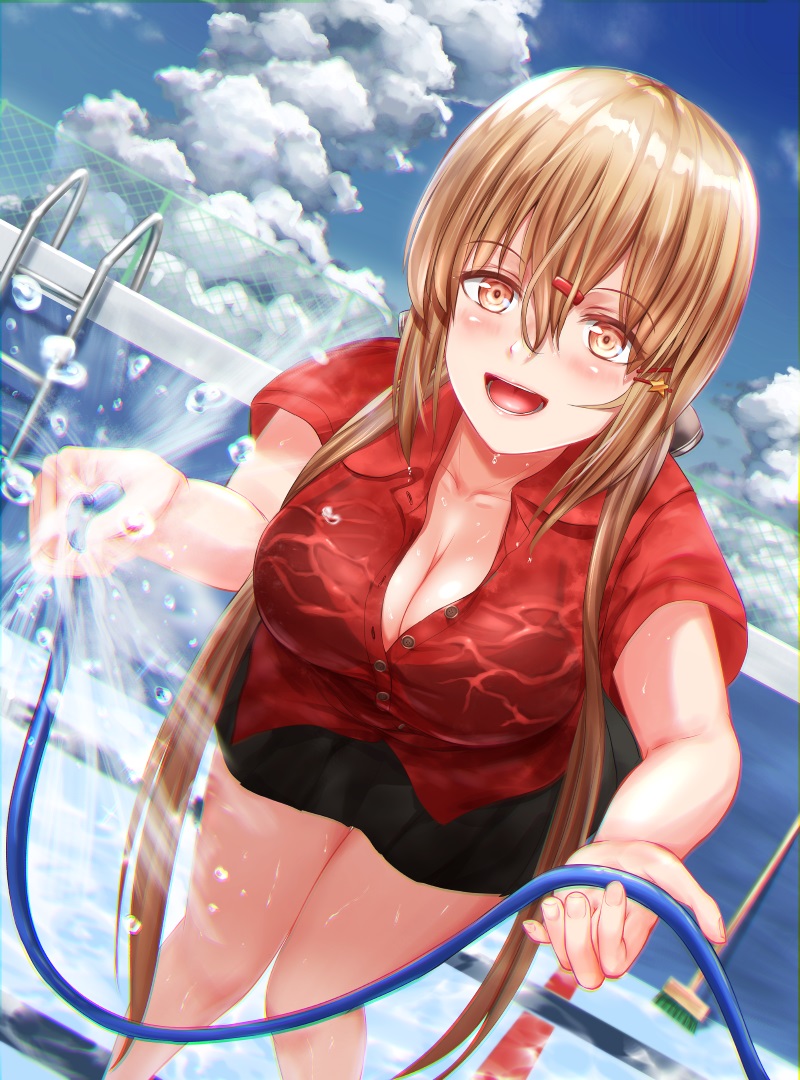 1girl black_bow black_skirt blue_sky bow breasts broom brown_eyes brown_hair clouds day empty_pool hair_bow hair_ornament hairclip holding_hose hose kantai_collection long_hair low_twintails medium_breasts outdoors partially_unbuttoned pool red_shirt sabakuomoto shirt short_sleeves skirt sky solo tashkent_(kantai_collection) twintails water wet wet_clothes