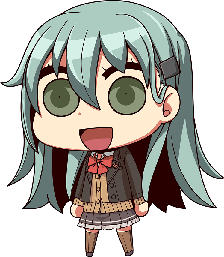 1girl :d aqua_hair bow bowtie brown_jacket brown_legwear brown_skirt cardigan chibi full_body green_eyes hair_ornament hairclip jacket kantai_collection long_hair looking_at_viewer open_cardigan open_clothes open_mouth parody pleated_skirt red_neckwear remodel_(kantai_collection) riyo_(lyomsnpmp)_(style) school_uniform simple_background skirt smile solo style_parody suien suzuya_(kantai_collection) thigh-highs vest white_background
