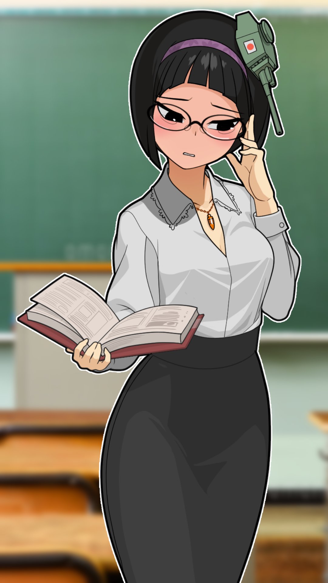 1girl adjusting_eyewear bangs bespectacled black-framed_eyewear black_eyes black_hair black_skirt blunt_bangs blurry blurry_background blush bottle chalkboard chito_(kehotank) classroom depth_of_field desk dress_shirt frown glasses hairband half-closed_eyes head_tilt high-waist_skirt highres holding holding_bottle indoors jewelry long_sleeves looking_at_viewer looking_away medium_skirt necklace open_mouth original outline parted_lips personification purple_hairband school_desk shirt skirt solo soumu_(kehotank) standing teacher tearing_up type_4_chi-to_(personification) white_outline white_shirt wing_collar