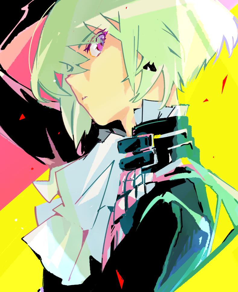 1boy black_jacket close-up cravat earrings face gloves green_hair ichinose777 jacket jewelry lio_fotia looking_at_viewer male_focus portrait promare solo violet_eyes
