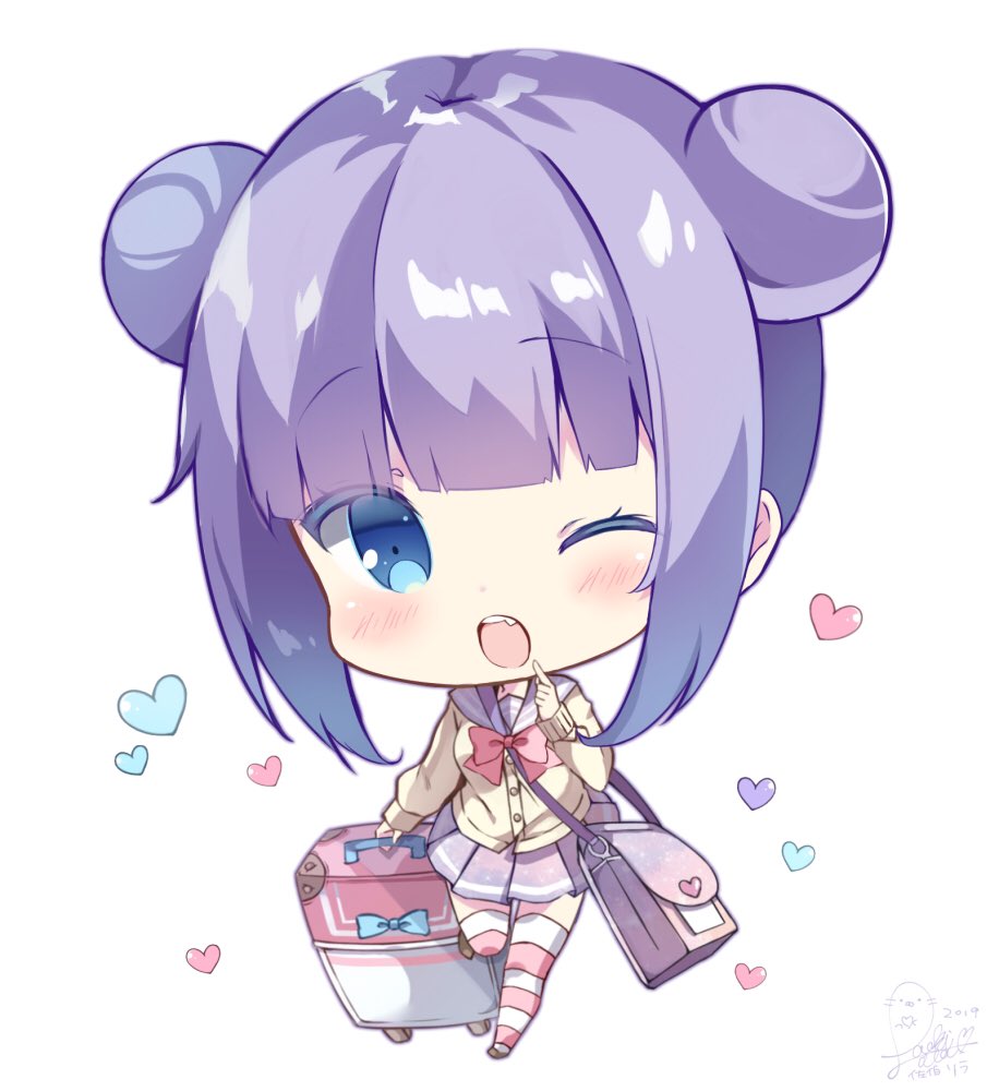 1girl ;o bag bangs big_head blue_eyes blush bow brown_cardigan brown_footwear cardigan chibi commentary_request dated double_bun eyebrows_visible_through_hair fang heart holding long_sleeves one_eye_closed open_mouth original pink_bow pleated_skirt purple_hair purple_sailor_collar purple_skirt rolling_suitcase saeki_sora sailor_collar shoulder_bag sidelocks signature simple_background skirt sleeves_past_wrists solo striped striped_legwear thigh-highs white_background