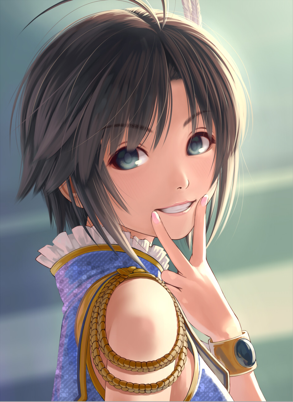 1girl antenna_hair bare_shoulders black_eyes black_hair blurry blurry_background commentary_request eyebrows_visible_through_hair face feathers from_side grin hair_feathers highres idolmaster idolmaster_million_live! idolmaster_million_live!_theater_days kikuchi_makoto looking_at_viewer nekopuchi short_hair smile solo teeth white_feathers white_nails