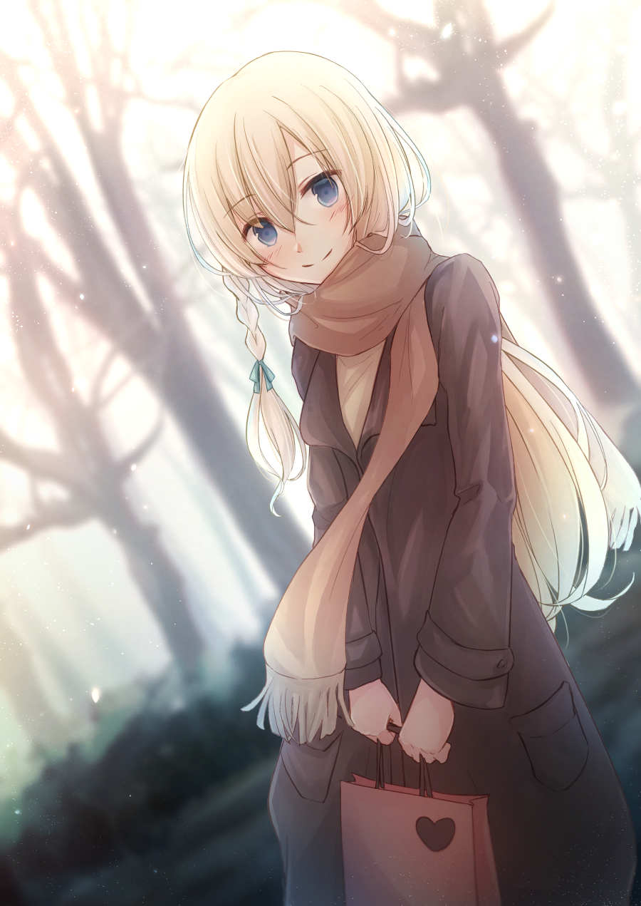 bag bare_tree black_coat blonde_hair blue_eyes blurry blurry_background braid brown_scarf dutch_angle hair_between_eyes highres kakuchou_shoujo-kei_trinary long_hair long_sleeves mogupon outdoors scarf shopping_bag standing tree very_long_hair